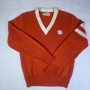 Vintage College Wear Sweater‎ Mens Medium Orange V Neck Paw Logo Varsity Stripes